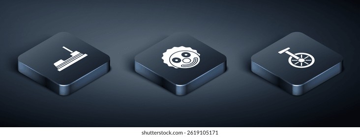 Set Isometric Bumper car, Unicycle or one wheel bicycle and Clown head icon. Vector