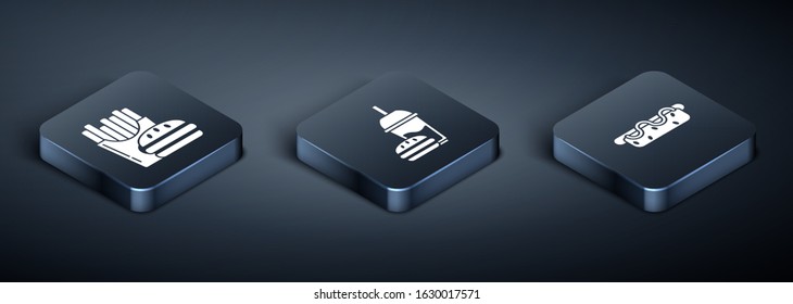 Set Isometric Burger and french fries in carton package box, Hotdog sandwich with mustard and Paper glass with drinking straw and burger icon. Vector