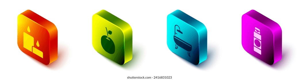 Set Isometric Burning candle, Apple, Bathtub and Cream or lotion cosmetic tube icon. Vector