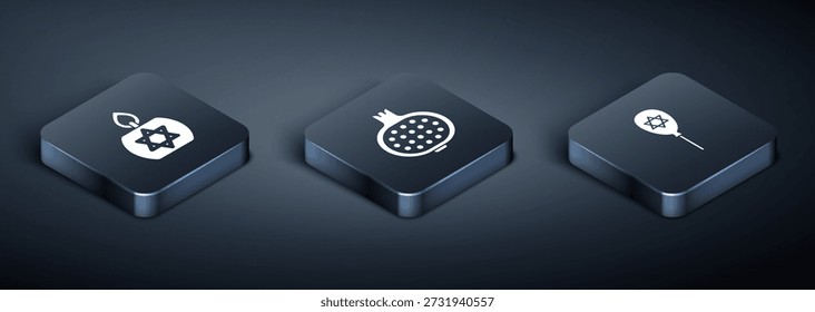 Conjunto de vela ardiente isométrica, globo con estrella de David e icono de granada. Vector