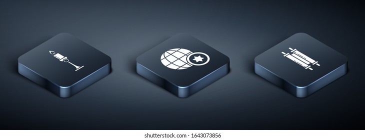 Set Isometric Burning candle in candlestick, Torah scroll and World Globe and Israel icon. Vector