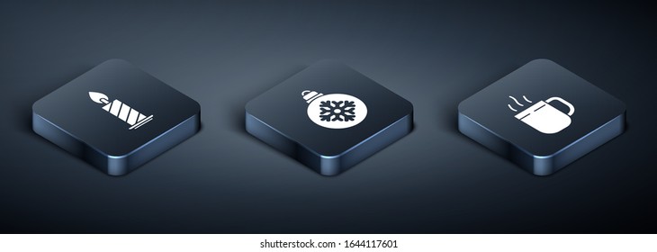 Set Isometric Burning candle in candlestick, Coffee cup and Christmas ball icon. Vector