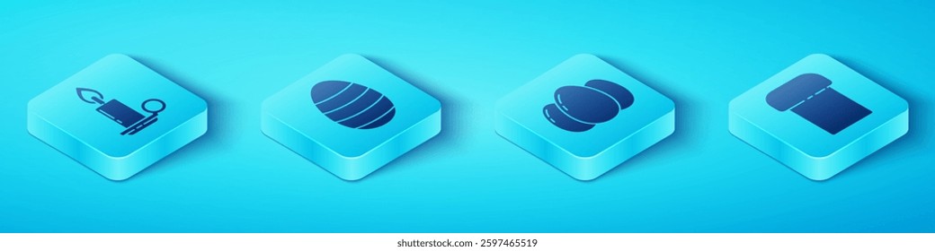Set Isometric Burning candle in candlestick, Easter egg, Easter cake and Easter eggs icon. Vector