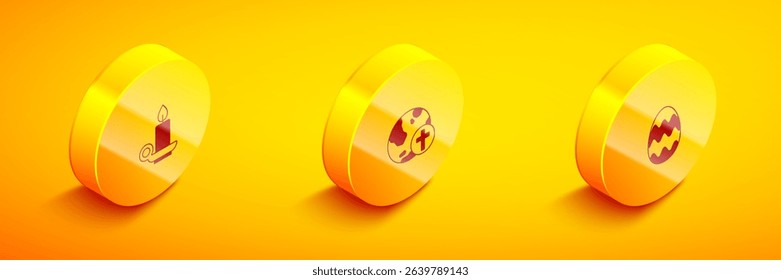 Set Isometric Burning candle in candlestick, Christian cross with globe and Easter egg icon. Vector