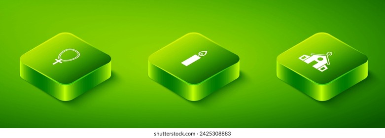 Set Isometric Burning candle, Church building and Christian cross on chain icon. Vector