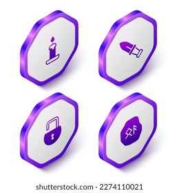 Set Isometric Burning candle, Dagger, Open padlock and Magic runes icon. Purple hexagon button. Vector