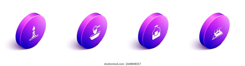 Set Isometric Burning candle, Honey dipper stick with bowl, Bottle of vodka and Campfire icon. Vector