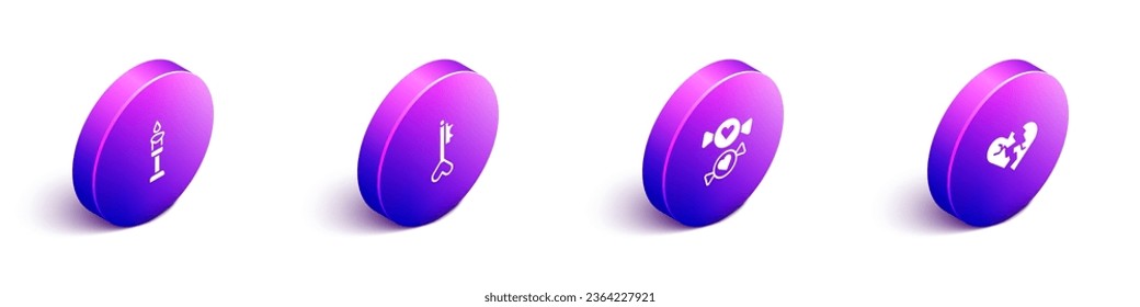 Set Isometric Burning candle, Key heart shape, Candy and Broken or divorce icon. Vector