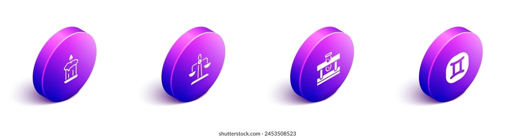 Set Isometric Burning candle, Libra zodiac, Bottle with potion and Gemini icon. Vector