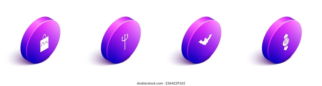 Set Isometric Burning candle, Neptune Trident, Flying bat and Candy icon. Vector