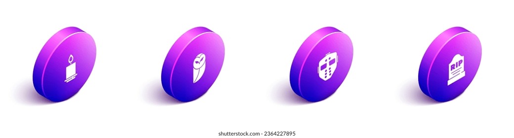 Set Isometric Burning candle, Owl, Hockey mask and Tombstone with RIP written icon. Vector