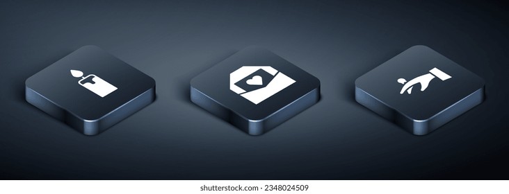Set Isometric Burning candle, Wedding rings on hand and Envelope with Valentine heart icon. Vector