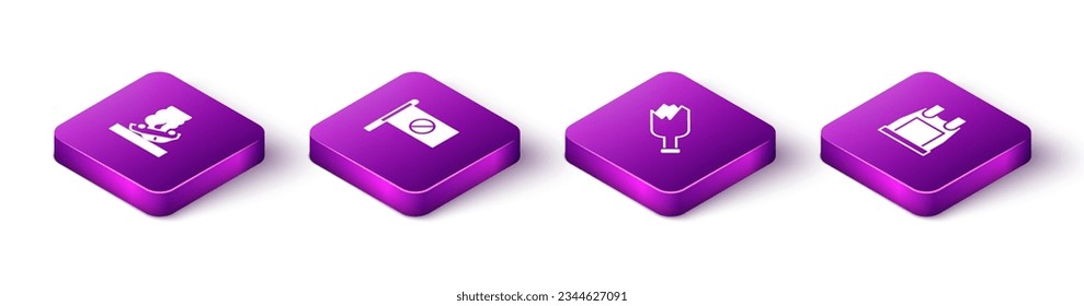 Set Isometric Burning car, Protest, Broken bottle as weapon and Bulletproof vest icon. Vector