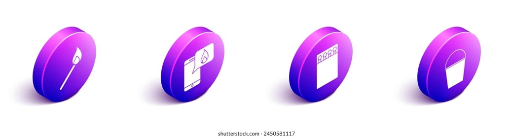 Set Isometric Burning match with fire, Phone with emergency call 911, Open matchbox and matches and Fire bucket icon. Vector