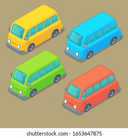 Conjunto de bus isométrico. Estilo de caricatura. Transporte urbano. Ilustración del vector