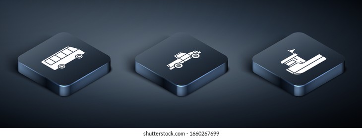 Set Isometric Bus, Fishing boat and Pickup truck icon. Vector