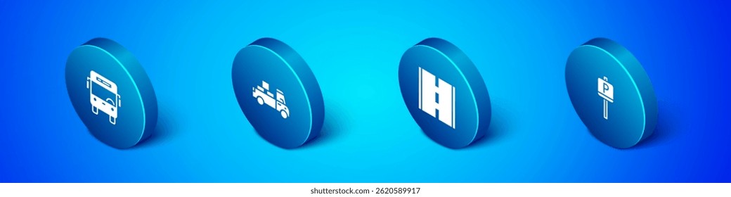 Set Isometric Bus, Road, Parking and Delivery truck icon. Vector