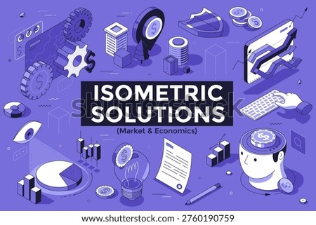 Set of isometric business elements including gear, market chart, coin and human head. Vector illustration for finance, digital economy and corporate strategy concept in thin line style.