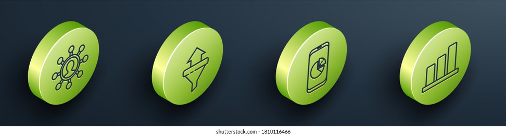 Set Isometric Business network and communication, Sales funnel with arrows, Mobile phone with graph chart and Pie chart infographic icon. Vector