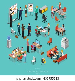Set of ISOMETRIC BUSINESS PEOPLE TEAMWORK MEETING in office, share idea,  info graphic vector design