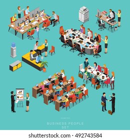 Set Of ISOMETRIC BUSINESS PEOPLE TEAMWORK MEETING In Office, Share Idea,  Info Graphic Vector Design Set 2