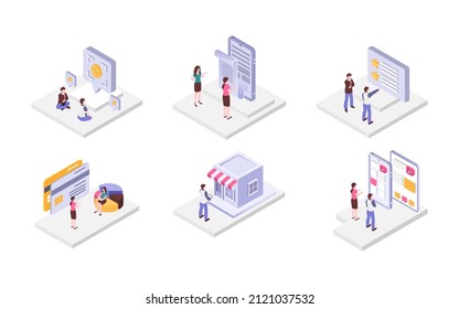 Set Of Isometric Business People Working In Workspace Statistical Analysis And Management
