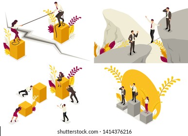 Set of Isometric business risk concepts, fall, competition, partner conflict, disagreements. For website and mobile application design