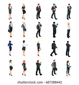 Set of isometric businessmen isolated on white background. Set of 3d businessmen and business women, front and back view. Isometric people in business suits in different poses. Vector illustration.