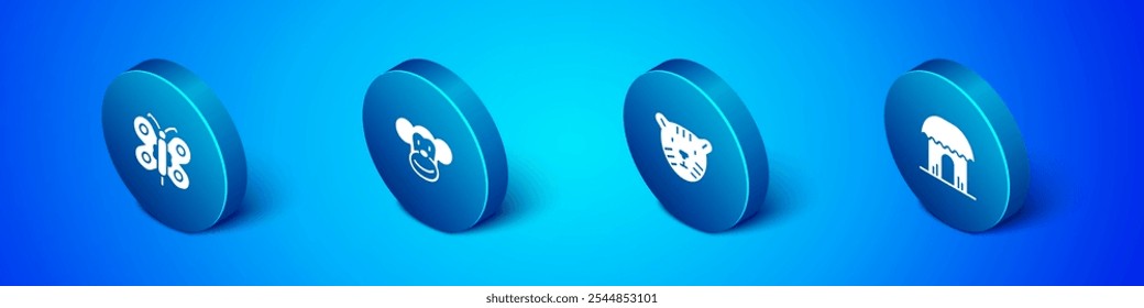 Set Isometric Butterfly, Tiger head, African hut and Monkey icon. Vector