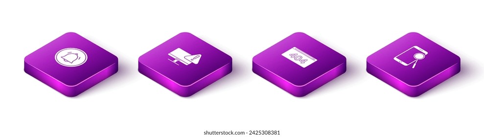 Set Isometric Button chat notification, Monitor with exclamation mark, Page 404 error and Mobile phone diagnostics icon. Vector