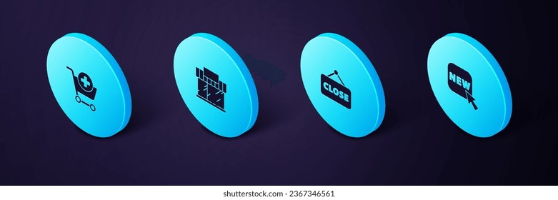 Set Isometric Button with text New, Hanging sign Closed, Shopping building or market store and Add cart icon. Vector