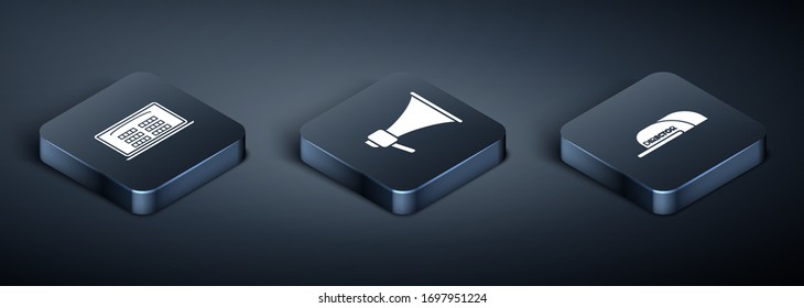 Set Isometric Buy cinema ticket online , Cap with inscription director  and Megaphone  icon. Vector