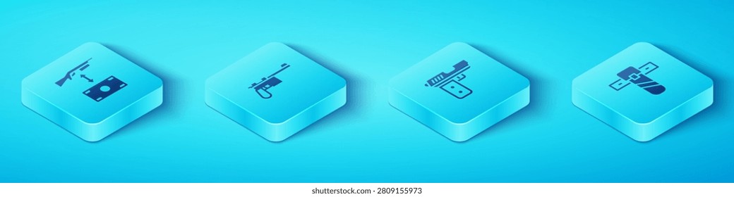 Set Isometric Buying assault rifle, Mauser gun, Knife holster and Pistol or icon. Vector
