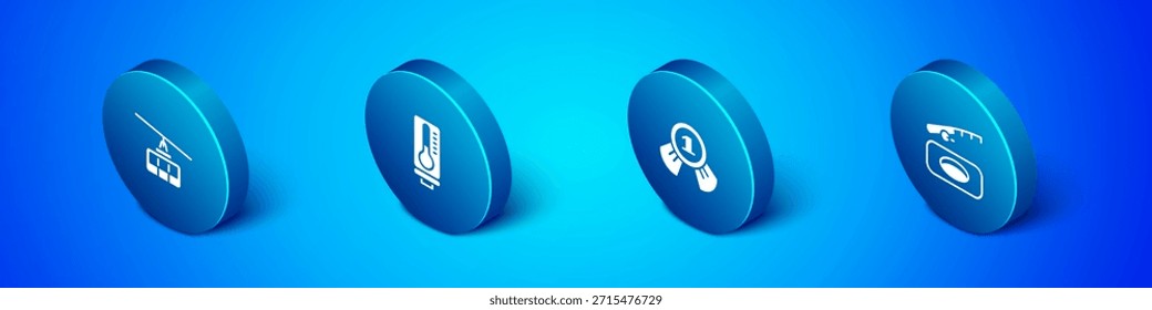 Conjunto de funicular isométrico, medalla, pesca de invierno e icono de termómetro de meteorología. Vector