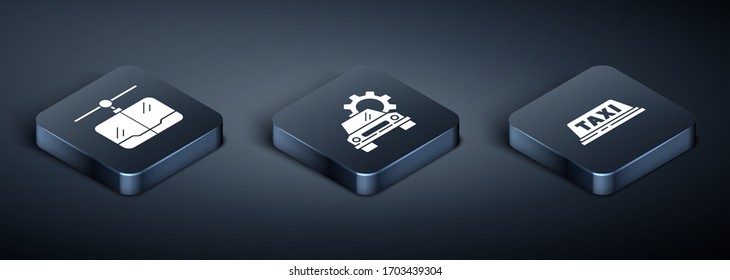 Set Isometric Cable car, Taxi car roof and Car service icon. Vector