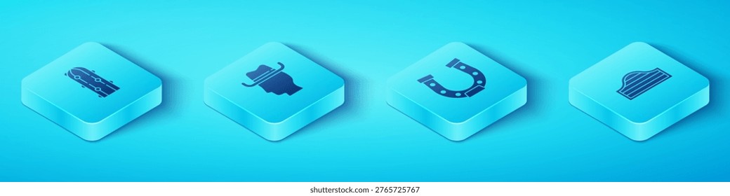Set Isometric Cactus, Cowboy, Saloon door and Horseshoe icon. Vector