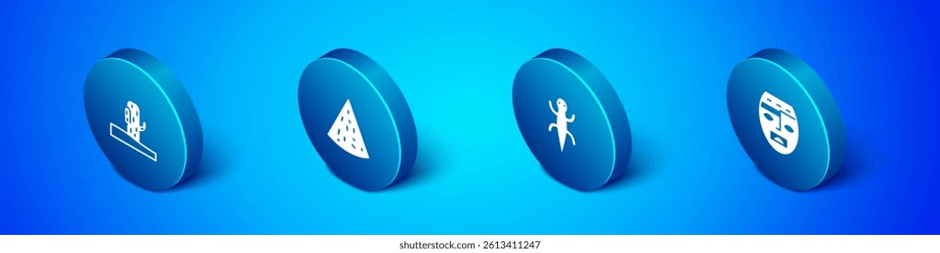 Set Isometric Cactus, Lizard, Aztec mask and Nachos icon. Vector