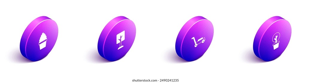 Set Isometric Cactus peyote in pot, Forest, Lawn mower and  icon. Vector