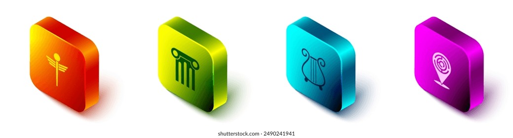 Set Isometric Caduceus snake medical, Ancient column, lyre and Minotaur labyrinth icon. Vector