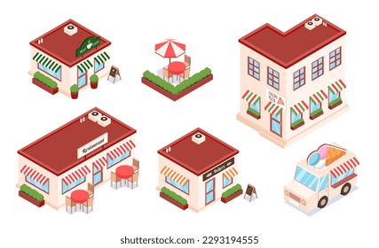 Set of isometric cafe. Restaurant buildings, ice cream vendors car, beds under awning. Small business and catering, urban infrastructure. Cartoon 3D vector illustrations isolated on white background