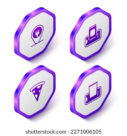 Set Isometric Cafe and restaurant location, Food ordering mobile, Slice of pizza and  icon. Purple hexagon button. Vector