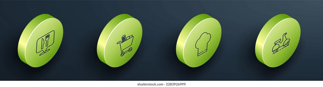 Set Isometric Cafe and restaurant location, Shopping cart food, Chef hat and Scooter delivery icon. Vector