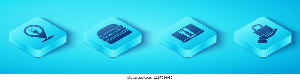 Set Isometric Cafe and restaurant location, Burger, Online ordering and delivery and Online ordering and delivery icon. Vector