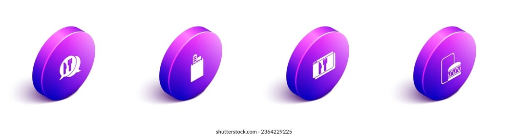 Set Isometric Cafe and restaurant location, Online ordering delivery,  and  icon. Vector