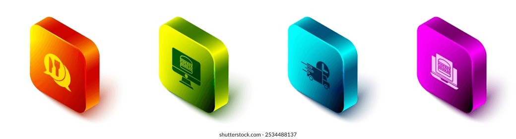 Establecer la ubicación isométrica del café y del restaurante, entrega de pedidos en línea, rápido en coche e icono de hamburguesa. Vector