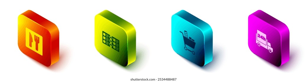 Set Isometric Cafe and restaurant location, Restaurant cafe menu, Shopping cart food and Fast delivery by icon. Vector