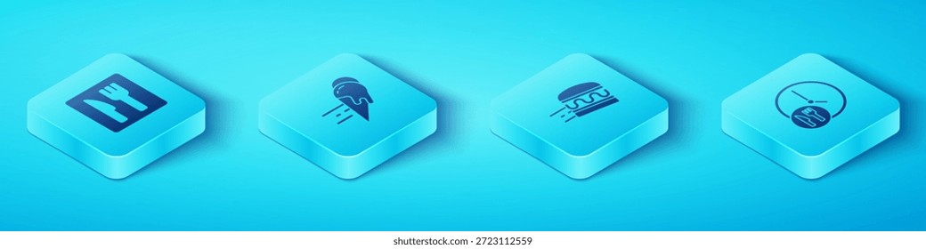 Establecer la ubicación isométrica del café y restaurante, pedidos en línea de helados, entrega durante todo el día e icono de hamburguesa. Vector
