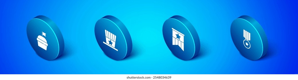 Conjunto de pastel isométrico, bandera americana, medalla con estrella e icono de sombrero patriótico. Vector