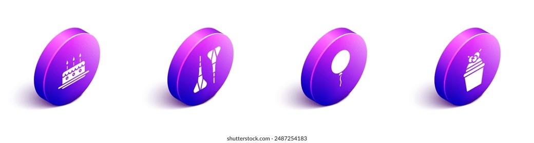 Set Isometric Cake with burning candles, Dart arrow, Balloon with ribbon and Cake icon. Vector