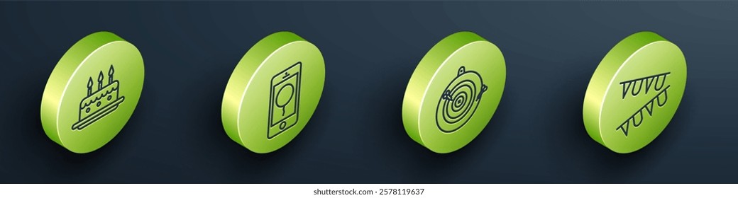 Set Isometric Cake with burning candles, Mobile with birthday message, Classic dart board and arrow and Carnival garland with flags icon. Vector